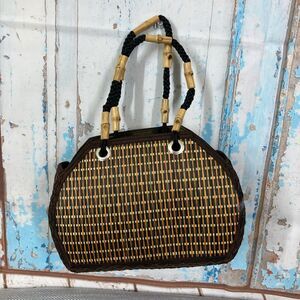 Tico Collection Weave Top Handle Bag Bamboo Bead Handle Adjustable